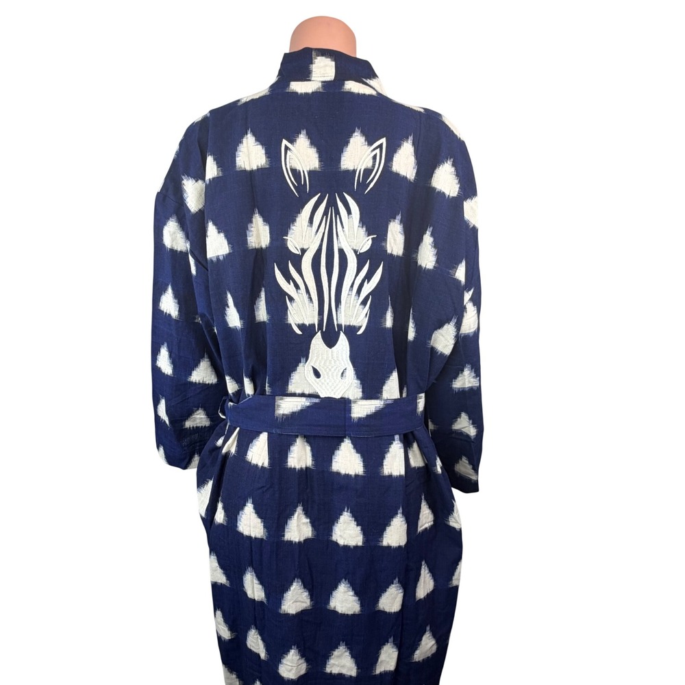 Cuixmala by KLEED Cotton Ikat Kimono Robe Blue White Zebra Embroidered Resort OS